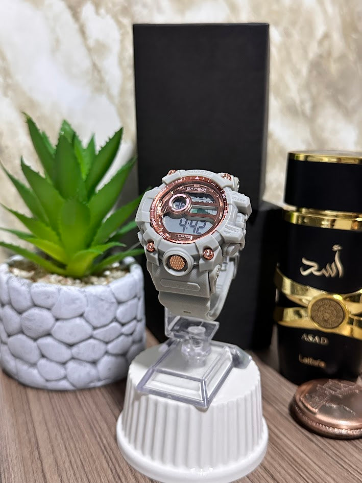 RELOJ DIGITAL DAMA ESFERA ORO ROSA MANILLA GRIS