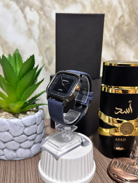 Reloj Cuadrado Negro Manilla en Cuero Azul Variados
