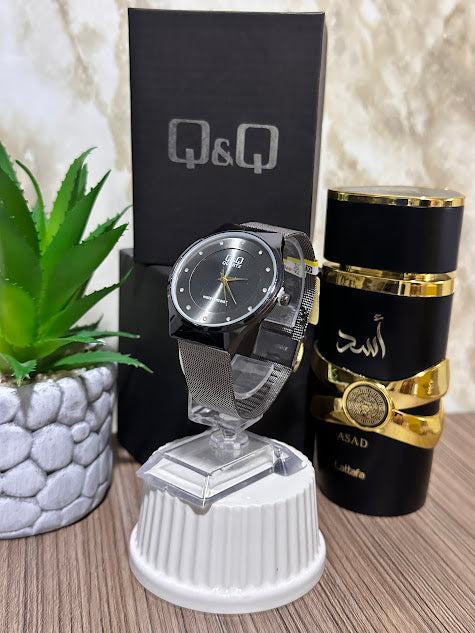 QYQ Negro Esfera Negra Manilla En Malla