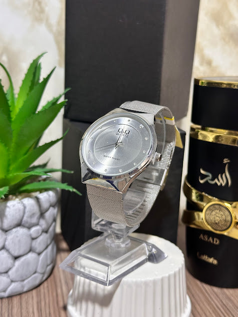 QYQ Plateado Esfera Plateada Manilla en Malla