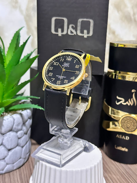 QYQ Dorado Esfera Negra Manilla En Cuero Negra