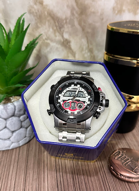 JOEFOX Doble Hora Negro Esfera Plateada Detalle Rojo