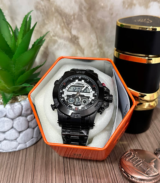 JOEFOX Doble Hora Negro Esfera Plateada