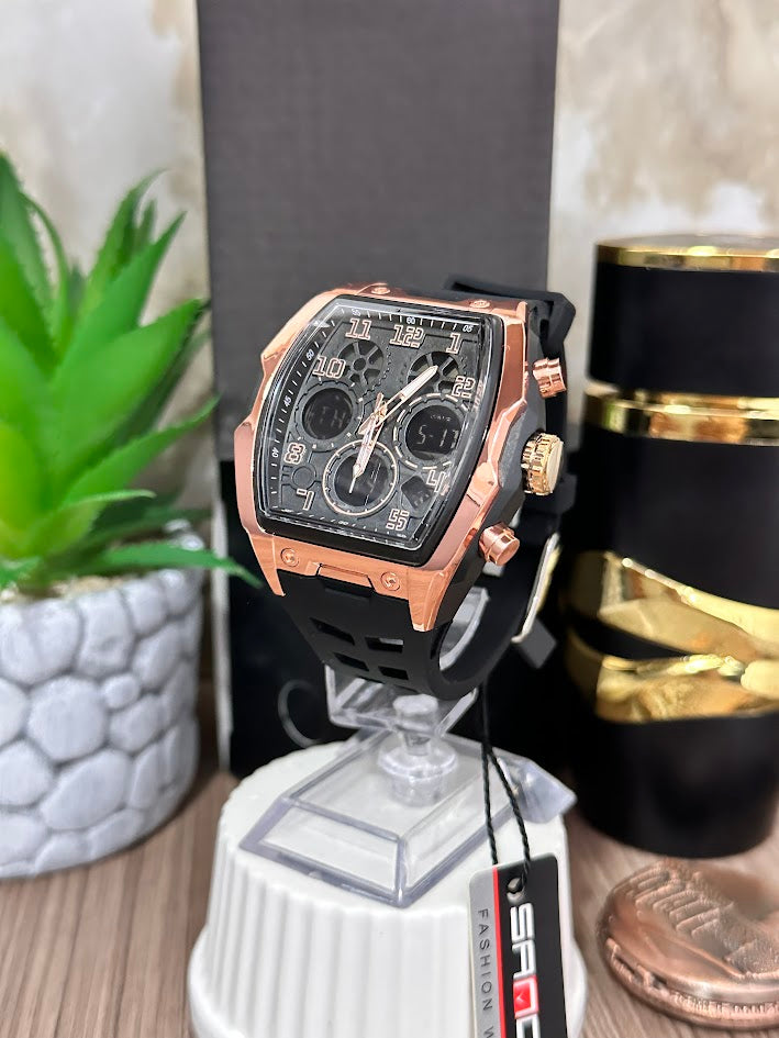 RELOJ ORO ROSA FONDO NEGRO MANILLA DE SILICONA NEGRA