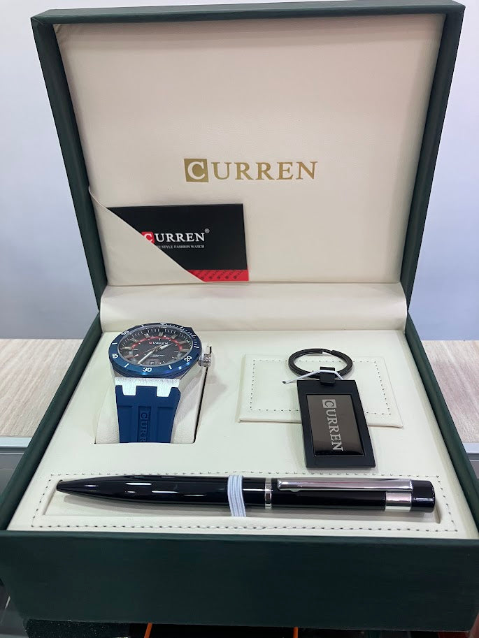 COMBO CURREN RELOJ AZUL MANILLA SELICONA LLAVERO Y LAPICERO