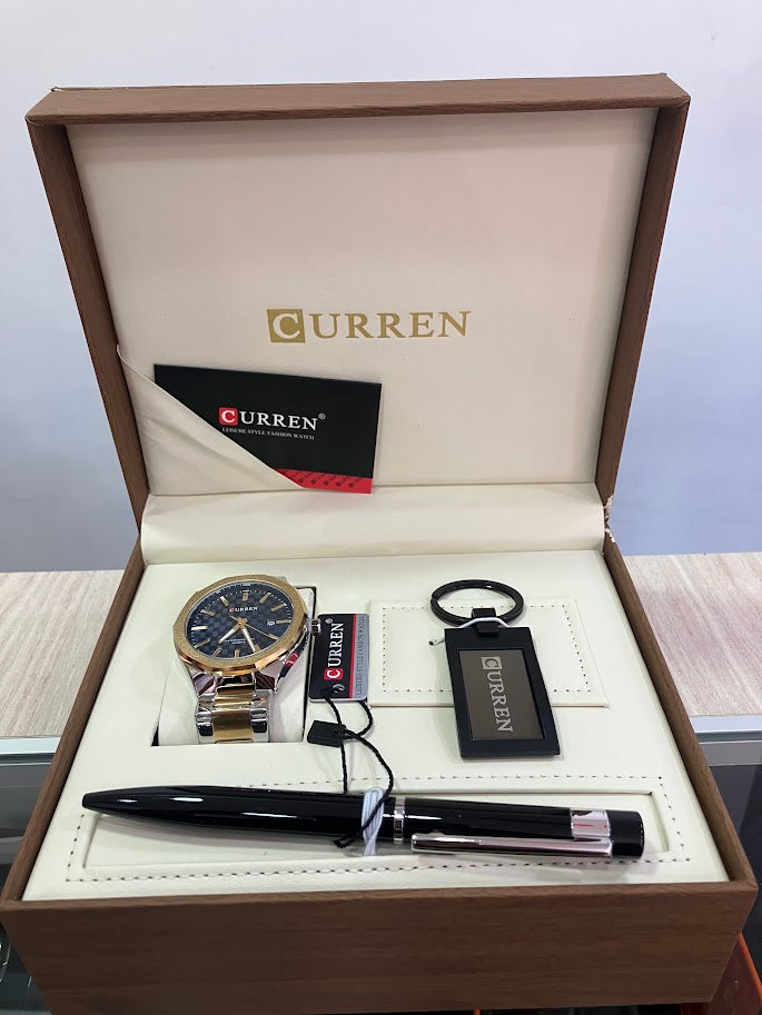 COMBO CURREN RELOJ BICOLOR ESFERA NEGRALAPICERO Y LLAVERO