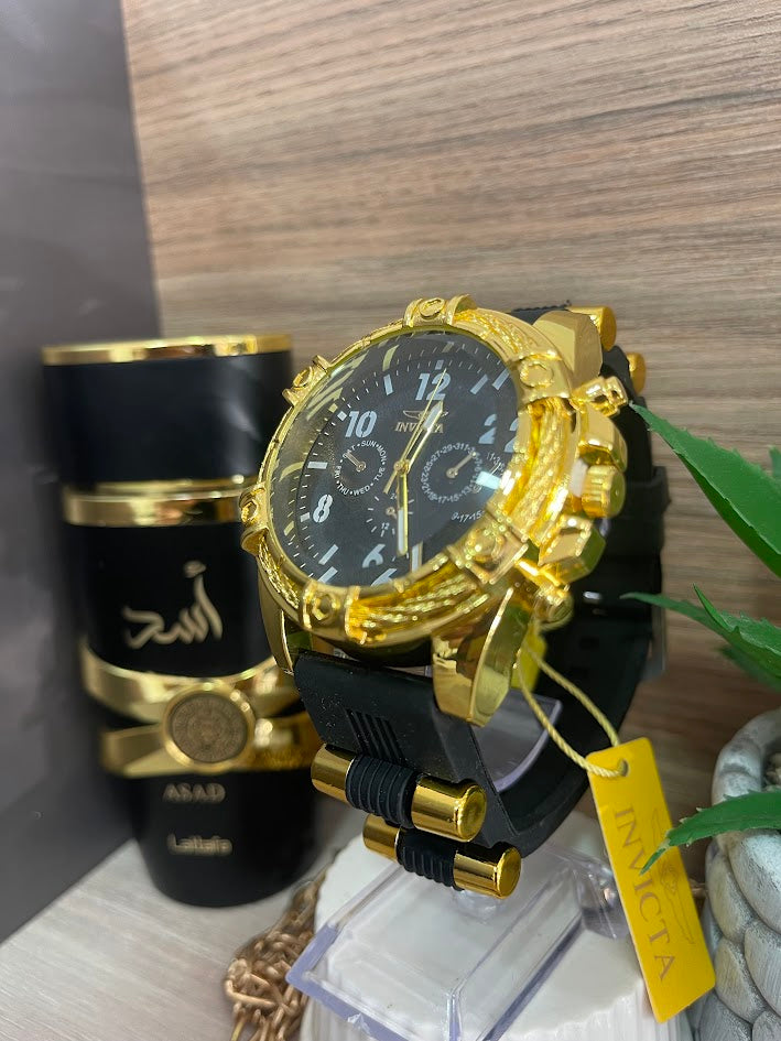 RELOJ INVICTA SILICONA DORADO DETALLES NEGROS