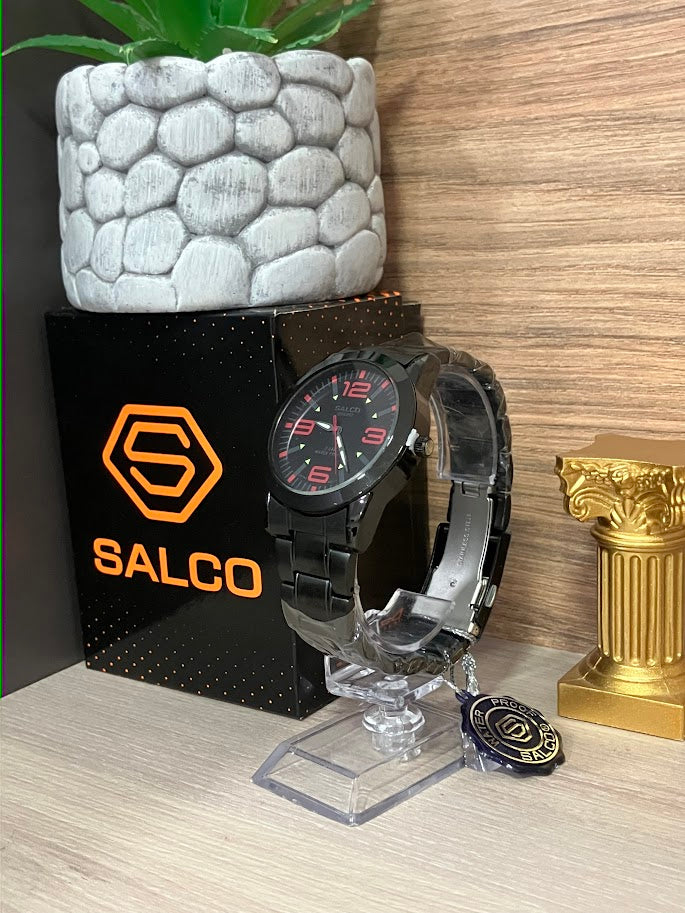 RELOJ SALCO CABALLERO NEGRO NUMEROS ROJOS