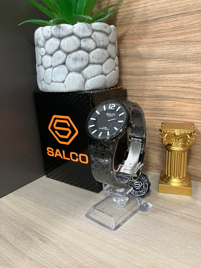 RELOJ SALCO CABALLERO NEGRO ELEGANTE DETALLES BLANCOS