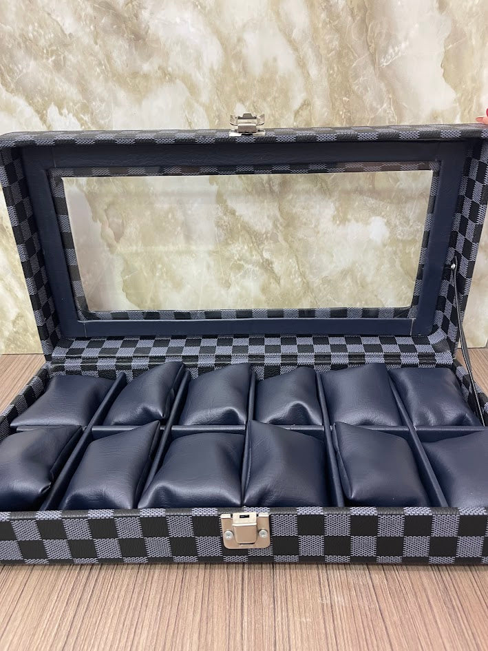 CAJA ESTUCHE ORGANIZADOR PARA 12 RELOJES NEGRO CON GRIS