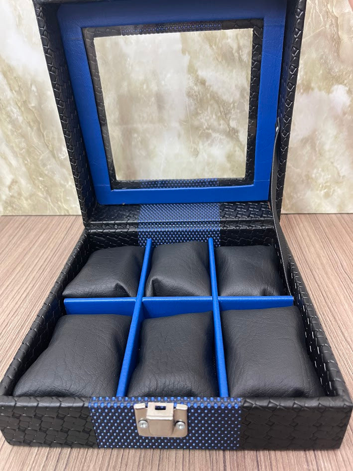 CAJA ESTUCHE ORGANIZADOR PARA 6 RELOJES NEGRO CON AZUL