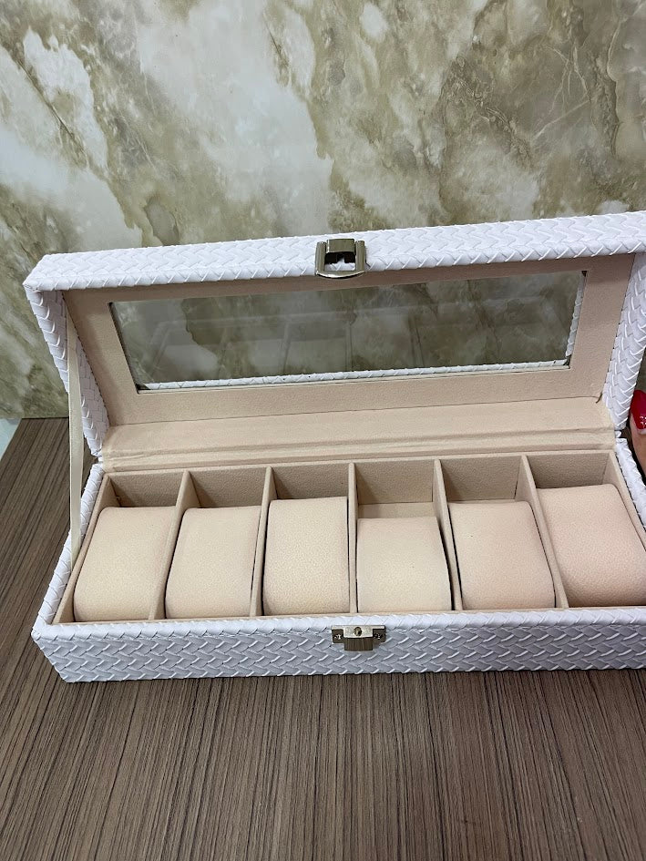 CAJA ESTUCHE ORGANIZADOR PARA 6 RELOJES BLANCA