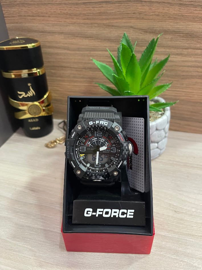 RELOJ G FORCE DOBLE ORA DEPORTIVO NEGRO VIVOS ROJOS