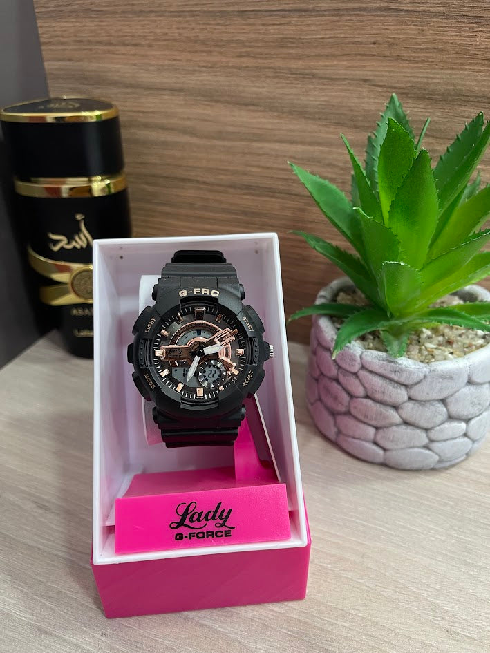 RELOJ G FORCE DOBLE ORA DEPORTIVO DAMA NEGRO VIVOS ORO ROSA