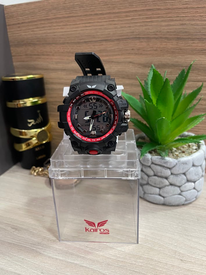RELOJ KAIRO SPOR DOBLE HORA NEGRO VIVOS ROJOS