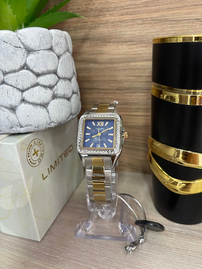 RELOJ LIMITED DAMA BICOLOR CUADRADO FONDO AZUL