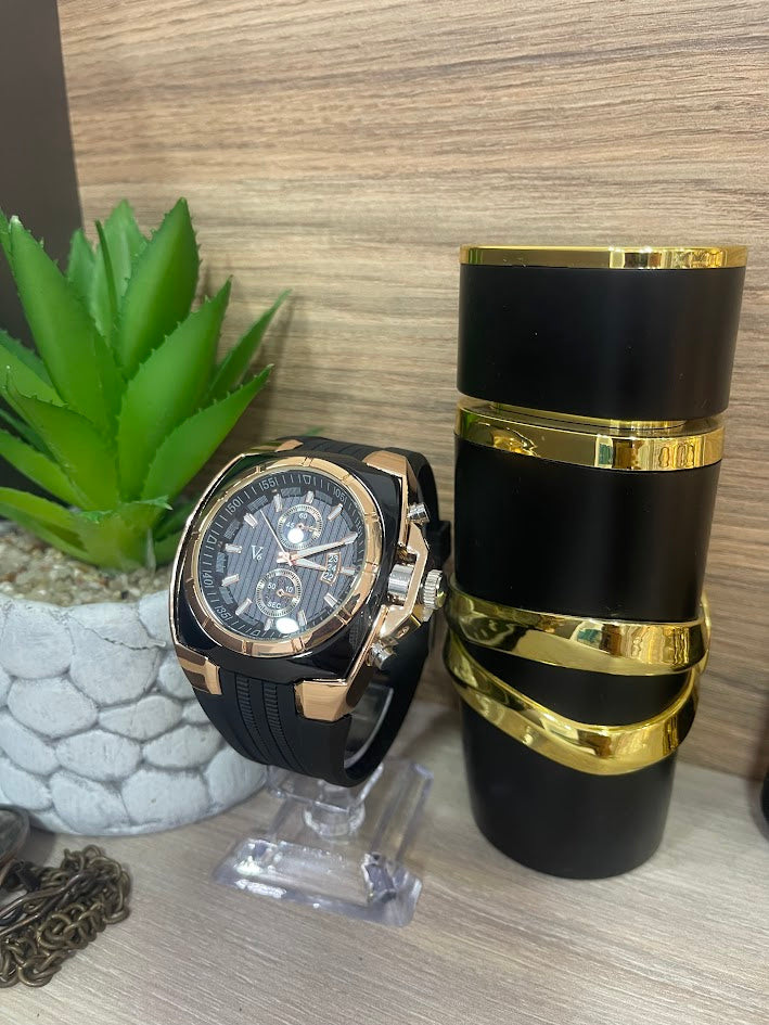 RELOJ NEGRO ORO ROSA