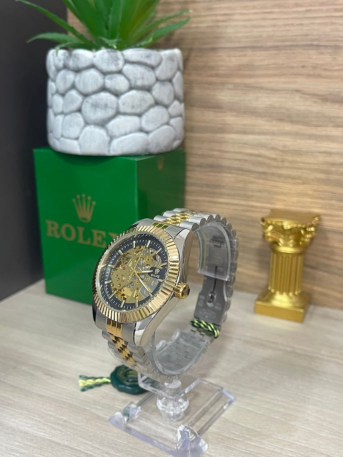RELOJ ROLEX CABALLERO CORAZON ABIERTO BICOLOR DETALLES NEGROS