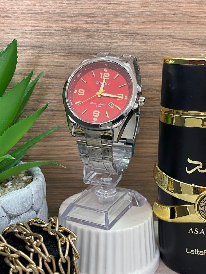 RELOJ ORIENT CABALLERO PLATEADO Y ROJO