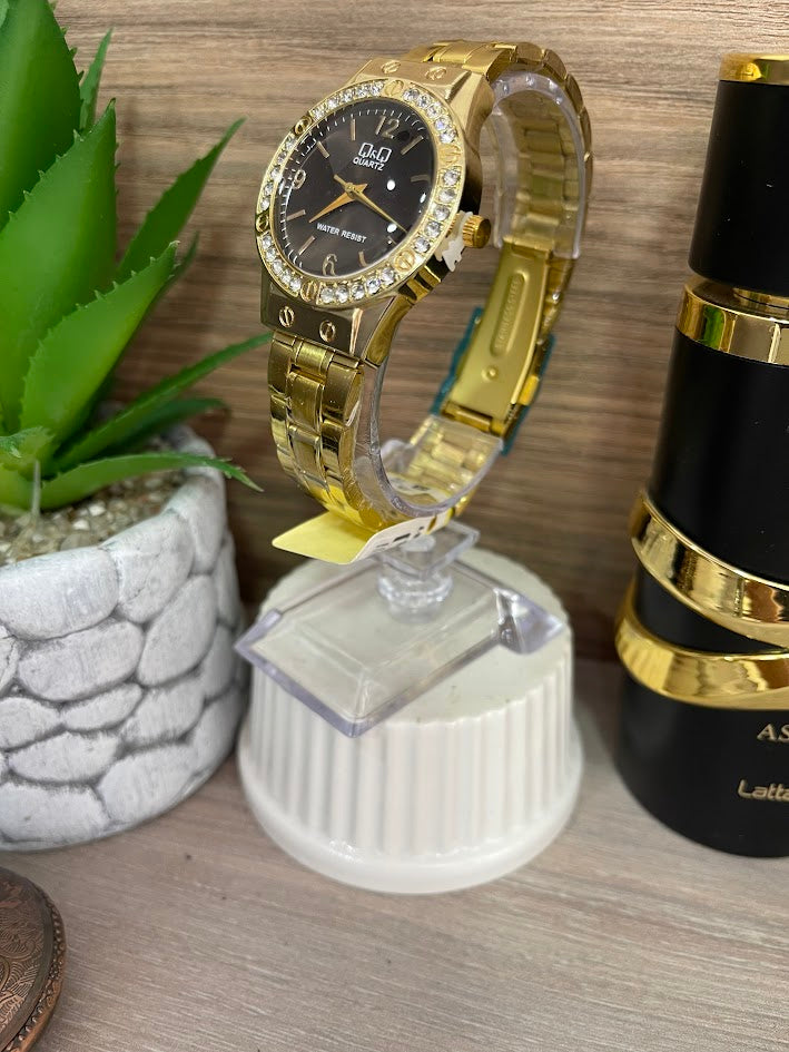 RELOJ QYQ DORADO DAMA ESFERA NEGRA