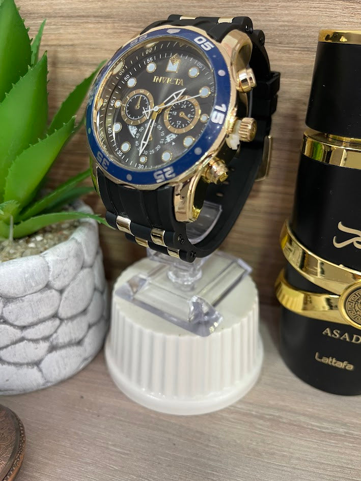 RELOJ INVICTA MANILLA SILICONA NEGRO ARO AZUL
