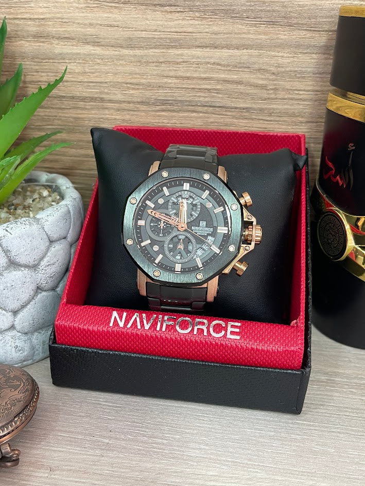 RELOJ NAVIFORCE CABALLERO NEGRO Y ORO ROSA