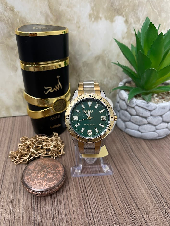 RELOJ Q&Q BICOLOR ESFERA DORADA FONDO VERDE
