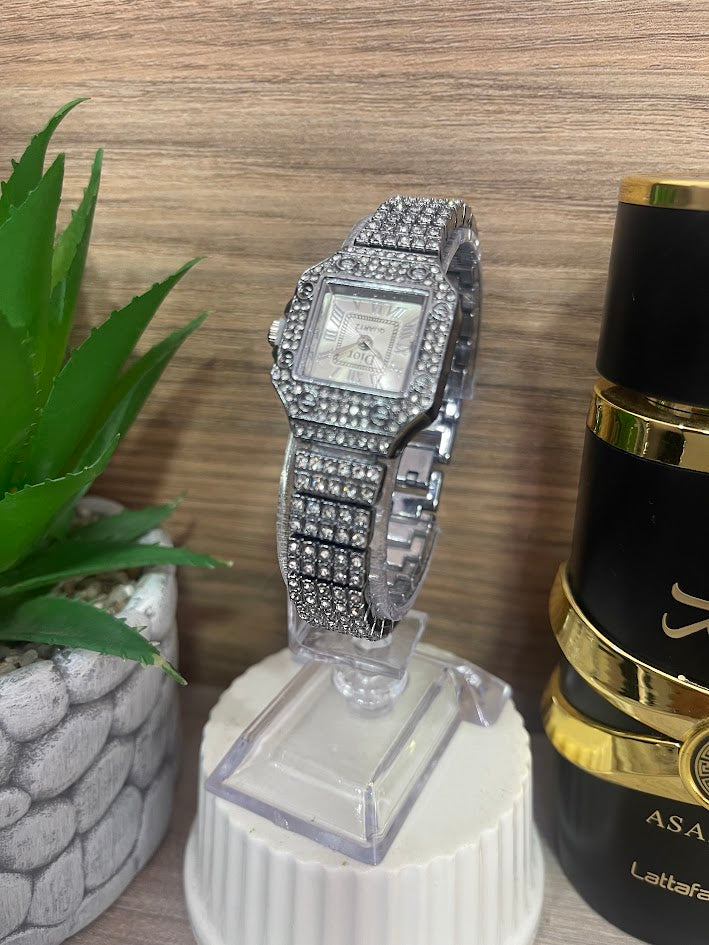 RELOJ DIOR DIAMANTADO PLATEADO CUADRADO