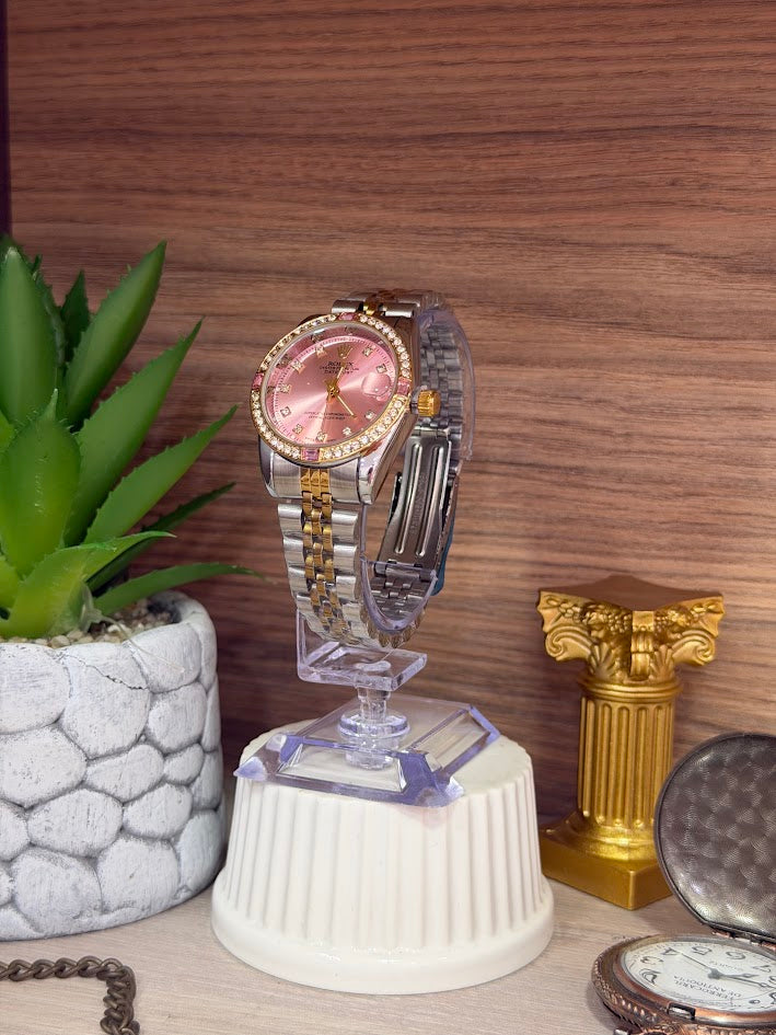 RELOJ ROLEX DAMA BICOLOR ESFERAS ROSA ARO DIAMANTADO