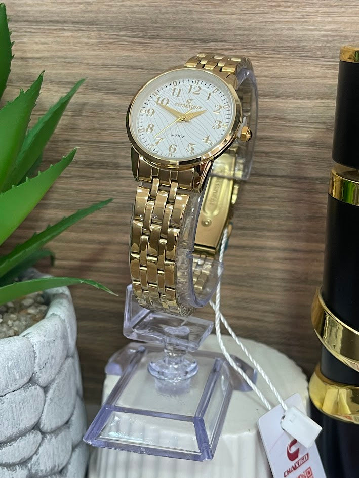RELOJ CHAXIGO DAMA DORADO ESFERA BLANCA CON LINDO DETALLES
