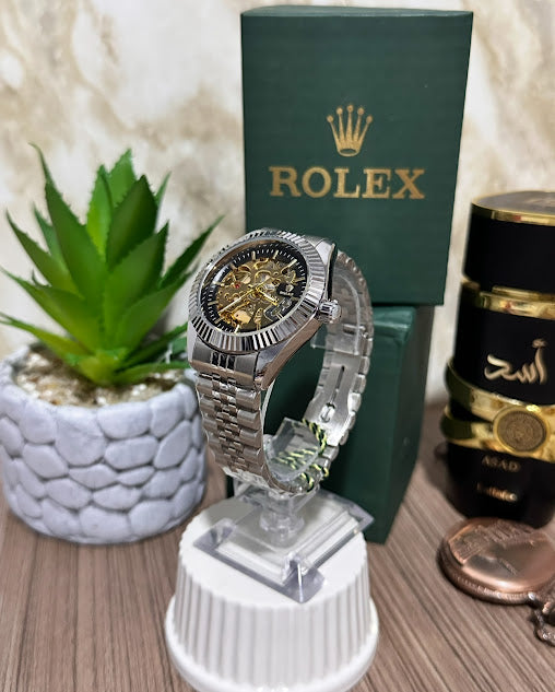 Rolex Plateado Esfera Negra Abierta