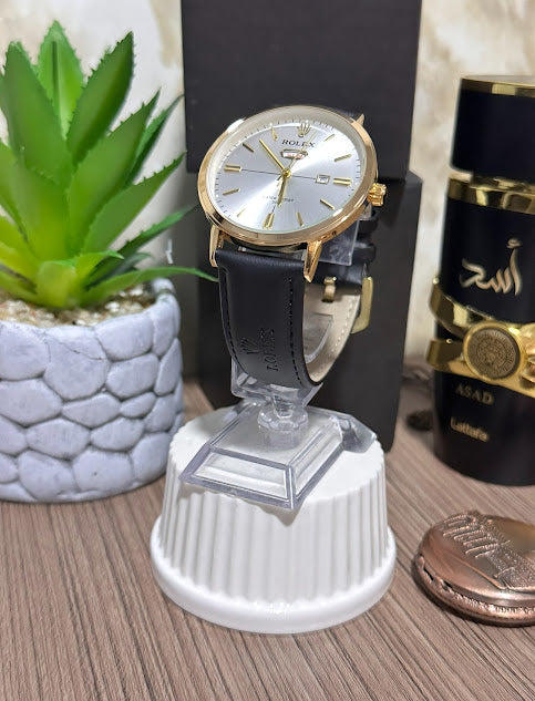 Rolex Dorado Manilla en Cuero Negro