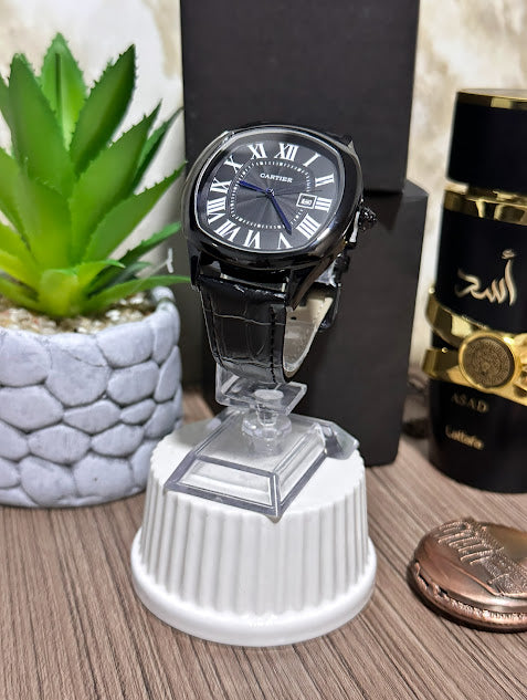 Cartier Semiautomático Esfera Negra Manilla en Cuero