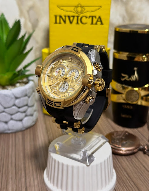 Invicta Metálico Dorado Esfera Blanca Aro Trenzado V8