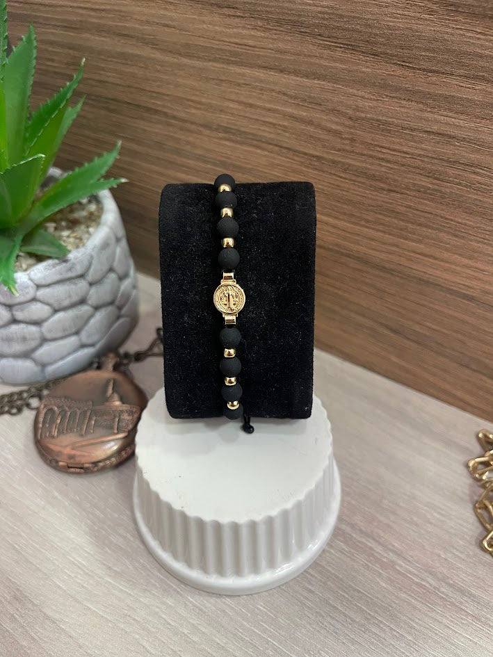 PULSERA TEJIDA SAN BENITO NEOPRENO BALIN 4MM LISO NEGRO ORO LAMINADO