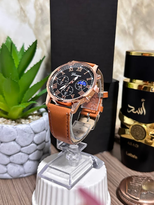Reloj Redondo Dorado Manilla en Cuero Café V2 Variados