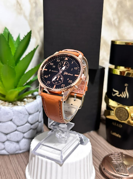 Reloj Redondo Dorado Manilla en Cuero Café V3 Variados
