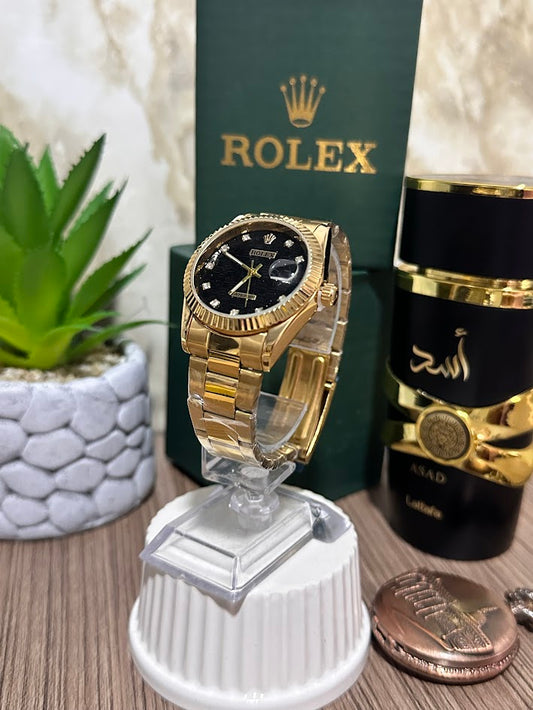 Rolex Dama Dorado Esfera Negra Aro en Relieve