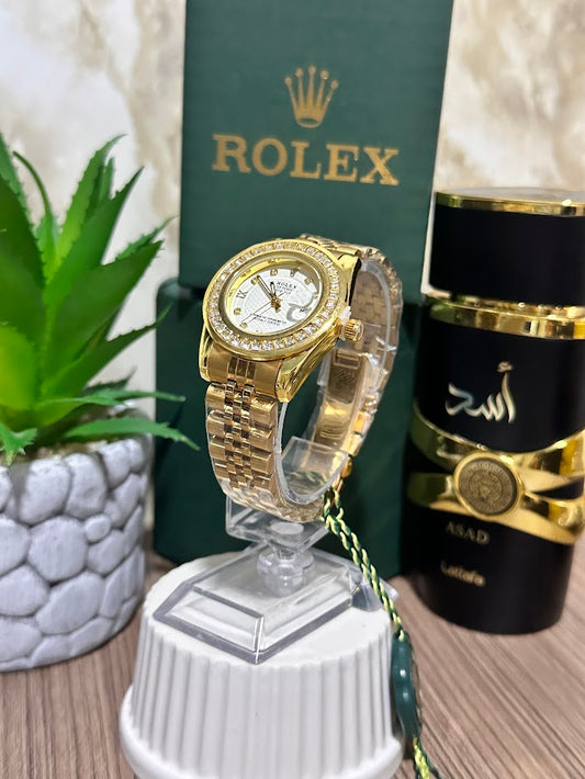 Rolex Dama Dorado Esfera Blanca Aro Diamantado