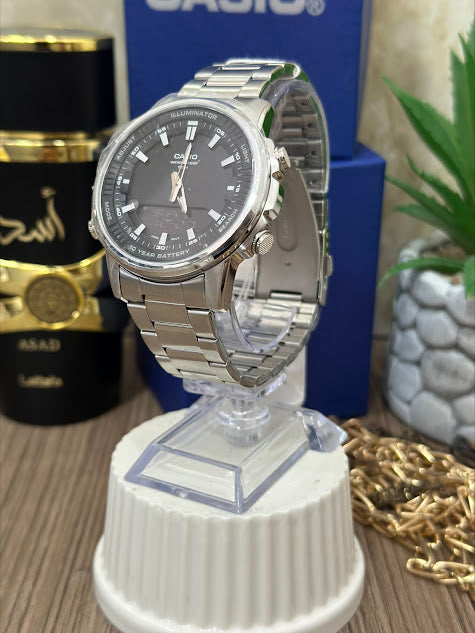 CASIO ORIGINAL PLATEADO DOBLE HORA ESFERA NEGRA