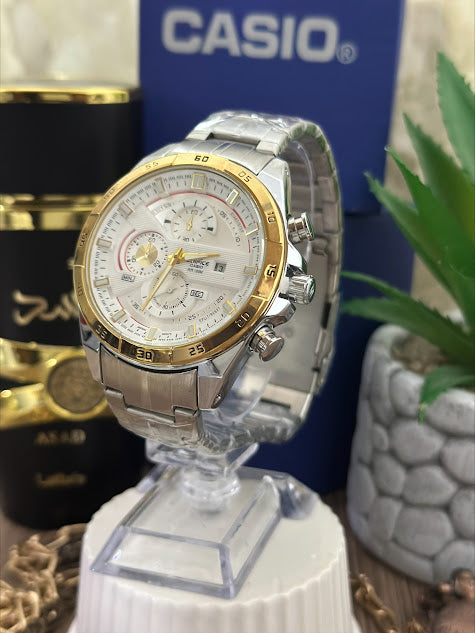 CASIO EDIFICE PLATEADO ARO DORADO FONDO BLANCO