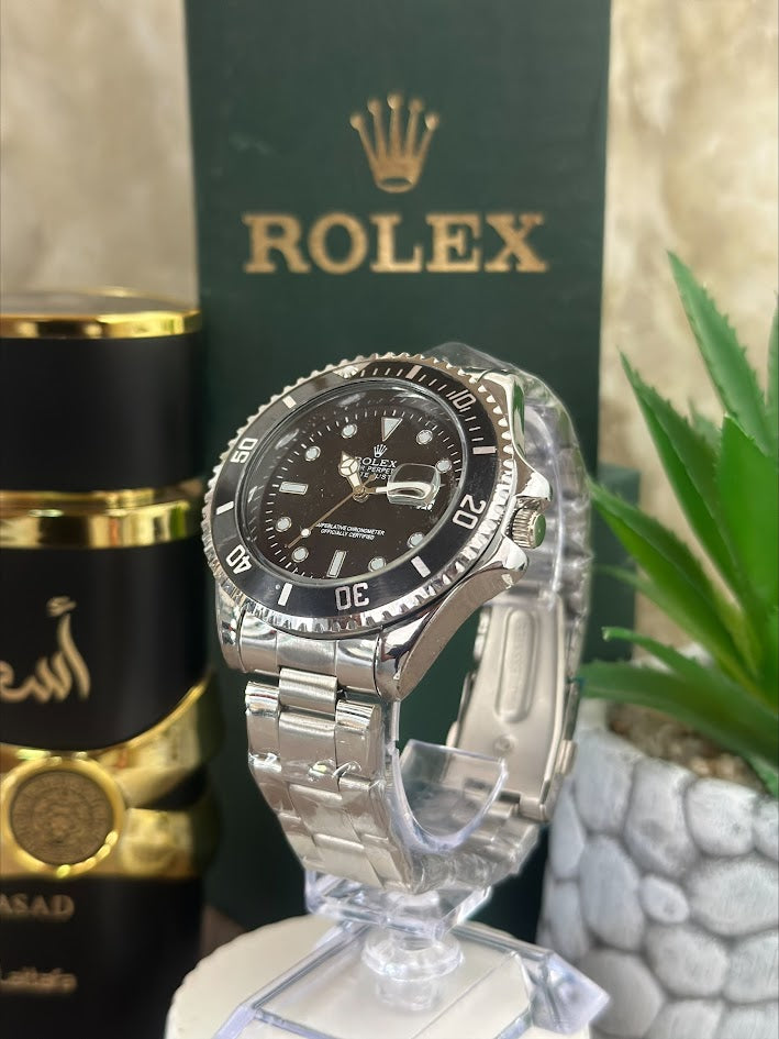 ROLEX PLATEADO ESFERA NEGRA ARO NEGRO CALENDARIO