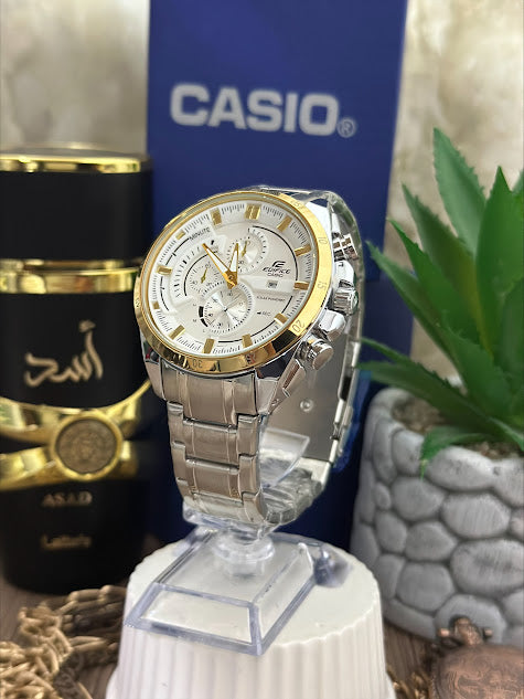 CASIO DIFACE PLATEADO ESFERA BLANCA ARO DORADO