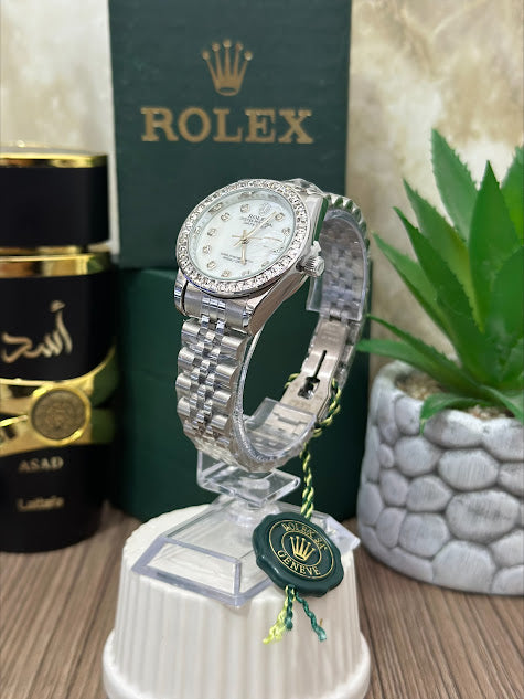 ROLEX PLATEADO DAMA ESFERA BLANCA ARO DIAMANTADO