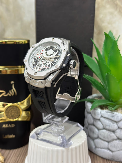 HUBLOT NEGRO ARO PLATEADO ESFERA BLANCA