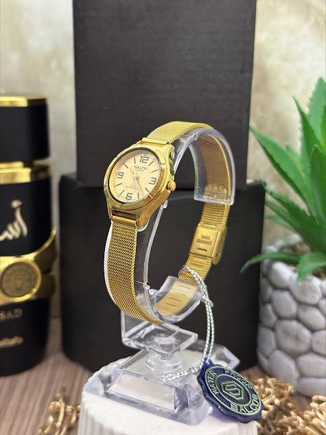 SALCO DAMA DORADO MANILLA TEJIDA ESFERA DORADA ARO NEGRO