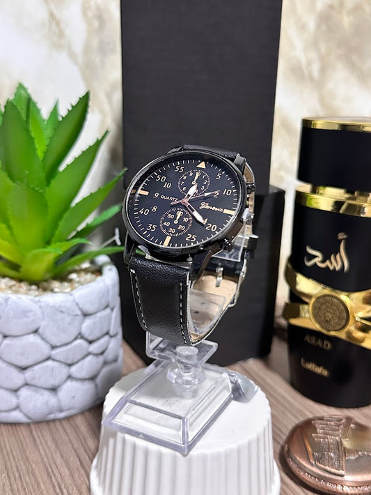 Reloj Redondo Negro Manilla en Cuero Negra Variados