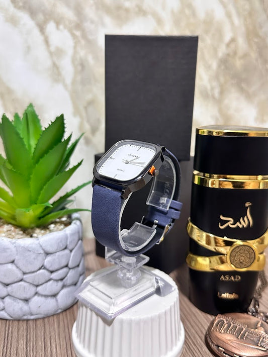 Reloj Cuadrado Blanco Manilla en Cuero Azul Variados