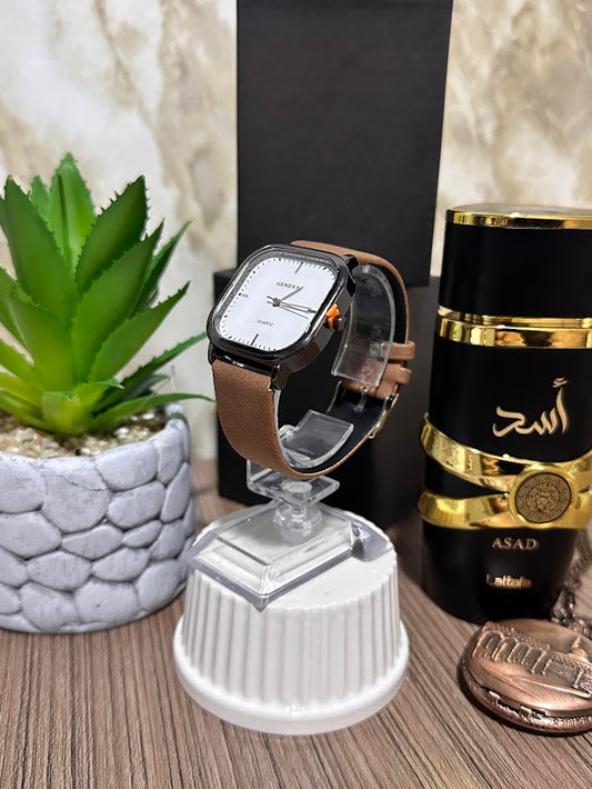 Reloj Cuadrado Blanco Manilla en Cuero Café