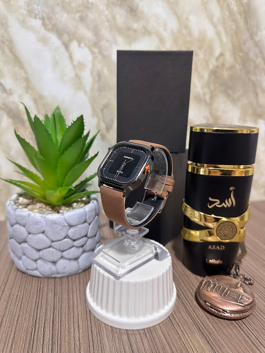 Reloj Cuadrado Negro Manilla en Cuero Café Variados